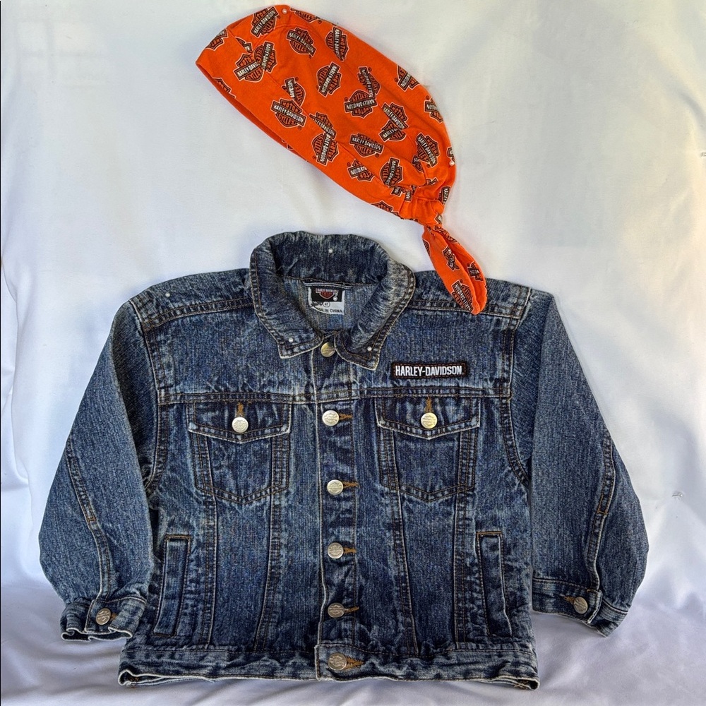 VINTAGE LIKE NEW! HARLEY-DAVIDSON DENIM BLUE JEANS JACKET & HEADWRAP SIZE 4T - Picture 2 of 16